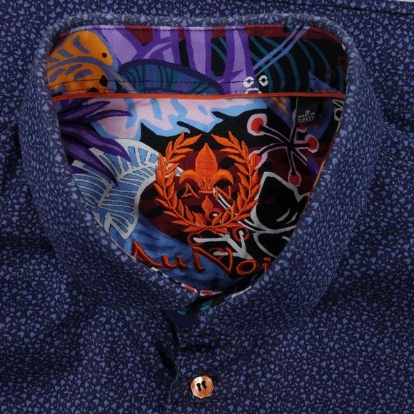 Au Noir Dress Shirt Men's Size 5 Blue Print Contrast Trim Stretch Button Down - Picture 14 of 16